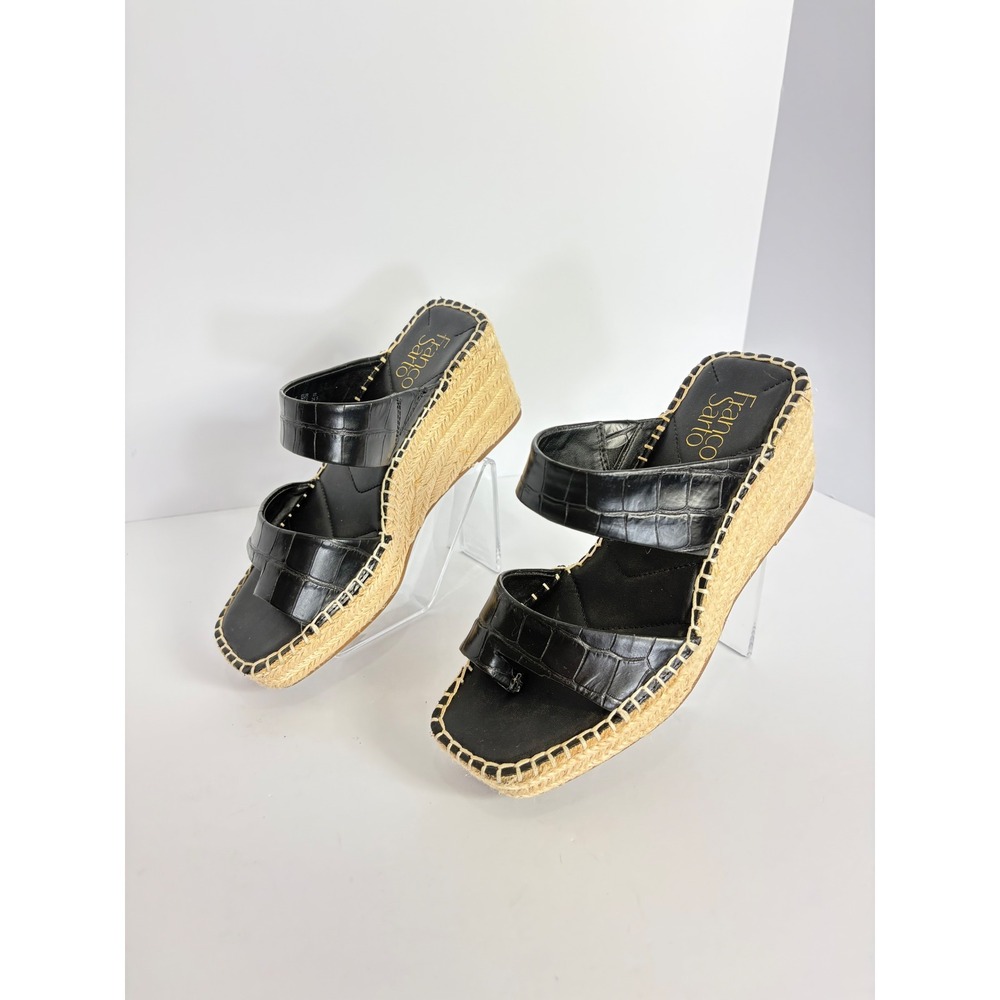 Franco Sarto Clave Black Leather Espadrille Sandals Wedge Heels Size 7.5 Slip On